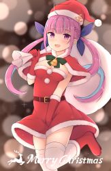 Rule 34 | 1girl, ahoge, anchor hat ornament, bad id, bad pixiv id, bell, belt, belt buckle, blue hair, blue ribbon, blurry, blurry background, boots, bow, braid, breasts, brown belt, buckle, capelet, christmas, cleavage, colored inner hair, commentary, depth of field, dress, elbow gloves, english commentary, fur-trimmed boots, fur-trimmed capelet, fur-trimmed dress, fur-trimmed gloves, fur-trimmed headwear, fur trim, gloves, green bow, hair ribbon, hat, hat ornament, highres, holding, holding sack, hololive, long hair, medium breasts, merry christmas, minato aqua, multicolored hair, purple eyes, purple hair, red capelet, red dress, red footwear, red gloves, red hat, ribbon, ringlets, sack, santa costume, santa hat, seventeen (st17215), solo, standing, standing on one leg, strapless, strapless dress, thighhighs, thighhighs under boots, twintails, two-tone hair, very long hair, virtual youtuber, white thighhighs