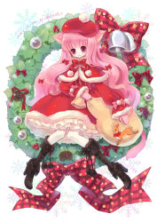 Rule 34 | 1girl, animal ears, bag, bell, boots, bow, cat ears, cat tail, christmas, cross-laced footwear, dated, fur trim, hair bow, hat, holly, lace-up boots, long hair, mittens, original, paw print, pinecone, pink eyes, pink hair, reindeer, sanmi tenten, santa costume, signature, snowflakes, solo, star (symbol), tail, very long hair, white legwear, wreath