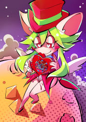 Rule 34 | 1boy, 1girl, animal ears, blood, blush stickers, breasts, cheese moon, green hair, hat, heart (organ), highres, leotard, mad rat, mad rat dead, mouse (animal), mouse ears, mouse girl, mouse tail, mouse wheel, nippon ichi, rat god, red eyes, snout, tail, tie clip, top hat, wings, wrist cuffs