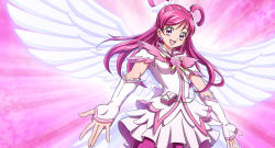 Rule 34 | 00s, 1girl, angel wings, bad id, bad pixiv id, cure dream, earrings, elbow gloves, eyelashes, fingerless gloves, flower, gensou, gensou (mopoepei), gloves, hair ornament, hair rings, highres, jewelry, long hair, looking at viewer, magical girl, open mouth, pink background, pink flower, pink hair, pink rose, pink shorts, pink theme, precure, purple eyes, rose, shining dream, shorts, smile, solo, wings, yes! precure 5, yumehara nozomi