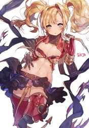 Rule 34 | 10s, 1girl, :o, armor, artist name, bad id, bad pixiv id, belt, black gloves, blonde hair, blue eyes, blue skirt, blush, boots, braid, breasts, cleavage, cleavage cutout, clothing cutout, female focus, french braid, gauntlets, gloves, granblue fantasy, hairband, hand on own stomach, large breasts, leg up, long hair, midriff, navel, panties, parted lips, pink panties, red armor, simple background, skirt, solo, sukja, thigh boots, thighhighs, twintails, underwear, upskirt, white background, zeta (granblue fantasy)