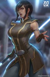 Rule 34 | 1girl, absurdres, arm strap, black hair, blue lightsaber, blurry, blurry background, breasts, brown eyes, cowboy shot, double-blade, double bladed lightsaber, energy sword, fingerless gloves, gloves, highres, holding, holding lightsaber, holding weapon, jedi, lightsaber, lips, looking at viewer, medium breasts, nopeys, saberstaff, satele shan, short hair, sleeveless, solo, star wars, star wars: the old republic, sword, watermark, weapon, web address