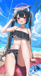 Rule 34 | 1girl, absurdres, animal ear fluff, animal ears, bare legs, beach, bikini, black bikini, black hair, blue archive, blue ribbon, blue sky, blush, cloud, day, fang, hair ribbon, halterneck, highres, knee up, long hair, looking at viewer, navel, official alternate costume, open mouth, outdoors, red eyes, ribbon, serika (blue archive), serika (swimsuit) (blue archive), sitting, skin fang, sky, solo, stomach, swimsuit, twintails, very long hair, whitebc
