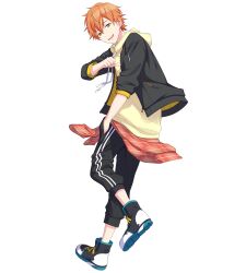 Rule 34 | 1boy, :d, black jacket, black pants, blonde hair, clothes around waist, earrings, from side, full body, green eyes, hair between eyes, highres, hood, hoodie, jacket, jacket around waist, jewelry, looking at viewer, male focus, multicolored hair, non-web source, official art, open mouth, orange hair, pants, plaid, plaid jacket, pointing, pointing at self, project sekai, shinonome akito, shoes, short hair, smile, sneakers, solo, streaked hair, tachi-e, transparent background, yellow hoodie