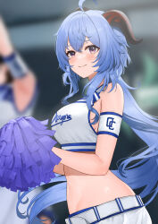 Rule 34 | 1girl, absurdres, ahoge, armband, ayul (ayulneri 92), bare shoulders, belt, blue hair, blush, breasts, cheerleader, ganyu (genshin impact), genshin impact, highres, holding, holding pom poms, horns, large breasts, long hair, looking at viewer, midriff, navel, pom pom (cheerleading), pom poms, purple eyes, sidelocks, skirt, smile, solo, sports bra, white skirt, white sports bra