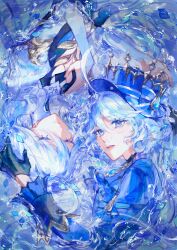 Rule 34 | 2girls, absurdres, ascot, black dress, black gloves, blue ascot, blue brooch, blue eyes, blue gemstone, blue hair, blue jacket, blue theme, closed eyes, closed mouth, cowlick, dress, furina (genshin impact), gem, genshin impact, gloves, hair between eyes, hand on another&#039;s head, hat, heterochromia, highres, jacket, juliet sleeves, kodona, light blue hair, lolita fashion, long hair, long sleeves, looking at viewer, meowmeowgirl, mismatched pupils, multiple girls, open mouth, partially submerged, puffy sleeves, short hair, sidelocks, teeth, top hat, upper body, upper teeth only, water, wavy hair, white sleeves