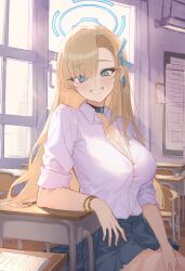 Rule 34 | 1girl, absurdres, asuna (blue archive), blue archive, blue eyes, blue skirt, blush, bracelet, breasts, chair, choker, classroom, cleavage, collared shirt, desk, dkyung004, grin, hair ribbon, halo, highres, indoors, jewelry, large breasts, light brown hair, long hair, looking at viewer, pleated skirt, ribbon, school desk, school uniform, shirt, sitting, skirt, smile, solo, striped clothes, vertical-striped clothes, white shirt, window
