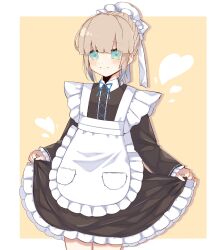 Rule 34 | 1girl, alternate costume, apron, baker nemo (fate), black dress, blonde hair, blue bow, blue eyes, blush, border, bow, clothes lift, commentary, dress, enmaided, fate/grand order, fate (series), freedumco, frilled dress, frilled hat, frilled sleeves, frills, hat, heart, highres, long sleeves, maid, maid apron, mob cap, nemo (fate), simple background, skirt, skirt lift, smile, solo, white apron, white border, yellow background