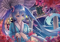 Rule 34 | 1girl, 200f (nifu), alternate costume, aqua eyes, aqua hair, aqua nails, closed mouth, commentary request, falling leaves, hair between eyes, hatsune miku, highres, holding, holding umbrella, japanese clothes, kimono, leaf, light smile, long sleeves, looking to the side, nail polish, night, night sky, oil-paper umbrella, sidelocks, sky, smile, solo, torii, twintails, umbrella, vocaloid, wide sleeves