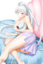 Rule 34 | 1girl, absurdly long hair, arm support, ass, blue eyes, blue panties, blush, breasts, cleavage, grey hair, highres, kimmy77, legs, lingerie, long hair, looking at viewer, medium breasts, panties, patreon logo, rwby, scar, scar across eye, scar on face, seashell, see-through, shell, side ponytail, solo, thighs, underwear, very long hair, watermark, web address, weiss schnee, white background