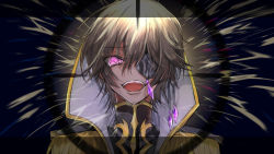 Rule 34 | 1boy, :d, brown hair, code geass, eyepatch, highres, lelouch vi britannia, looking at viewer, male focus, military, military uniform, open mouth, pink eyes, portrait, short hair, smile, solo, sumi otto, uniform, vocaloid
