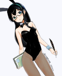 Rule 34 | 1girl, animal ears, black bow, black bowtie, black hair, black leotard, bow, bowtie, breasts, brown pantyhose, clipboard, cowboy shot, dated, detached collar, fake animal ears, glasses, green eyes, hairband, kangoku kou, kantai collection, leotard, long hair, looking at viewer, one-hour drawing challenge, ooyodo (kancolle), pantyhose, playboy bunny, quill, rabbit ears, semi-rimless eyewear, small breasts, solo, standing, strapless, strapless leotard, twitter username, under-rim eyewear, white background, wrist cuffs