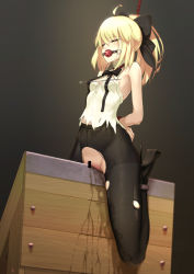 Rule 34 | 1girl, absurdres, ahoge, arms behind back, artoria pendragon (all), artoria pendragon (fate), ball gag, bar censor, bdsm, black bow, black footwear, black pants, black pantyhose, blonde hair, bondage, bound, bound legs, bound wrists, bow, breasts, censored, closed eyes, fate/grand order, fate (series), female ejaculation, gag, gagged, hair bow, high heels, highres, obabynight, pants, pantyhose, ponytail, pussy, pussy juice, red rope, rope, saber lily, saliva, shirt, small breasts, solo, torn clothes, torn pants, torn pantyhose, torn shirt, white shirt, wiffle gag, wooden horse