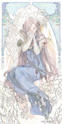 Rule 34 | 1girl, art nouveau, artist name, bad id, bad pixiv id, bare shoulders, blue dress, brown hair, cape, dress, earrings, elbow gloves, closed eyes, floral background, flower, full body, gloves, granblue fantasy, hair ornament, hand on own face, herzeloyde (granblue fantasy), highres, invisible chair, jewelry, kazzu, long hair, muted color, own hands together, pantyhose, sitting, smile, solo, white gloves