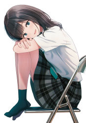 Rule 34 | 1girl, :d, aqua eyes, aqua necktie, black hair, black skirt, black socks, blush, chair, commentary request, copyright request, folding chair, from side, full body, highres, hyuuga azuri, knees up, long hair, looking at viewer, looking to the side, medium skirt, necktie, no shoes, open mouth, plaid, plaid skirt, shirt, short sleeves, simple background, sitting, skirt, smile, socks, solo, white background, white shirt