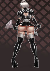 Rule 34 | 1girl, 2b (nier:automata), alternate costume, artist logo, ass, ass support, back cutout, black dress, black footwear, black gloves, blindfold, boots, brown background, clothing cutout, cursed equinox, dress, elbow gloves, female focus, from behind, full body, gloves, high heels, huge ass, legs apart, maid, maid headdress, nier:automata, nier (series), panties, profile, puffy short sleeves, puffy sleeves, short dress, short hair, short sleeves, simple background, solo, standing, thigh boots, thighs, thong, underwear, white hair, white panties