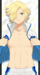 Rule 34 | 10s, 1boy, blonde hair, earth eleven, hair over one eye, inazuma eleven (series), inazuma eleven go, inazuma eleven go galaxy, jacket, male focus, navel, no nipples, official style, open clothes, open jacket, pants, petagon, pointy ears, saajesu ruugu, short hair, solo, track jacket, track pants