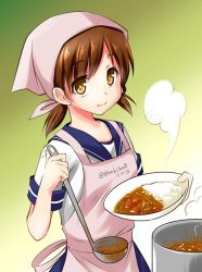Rule 34 | 10s, 1girl, apron, brown eyes, brown hair, curry, curry rice, food, gradient background, kakiko, kantai collection, ladle, pot, rice, school uniform, shirayuki (kancolle), smile, solo, standing