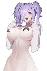 Rule 34 | 1girl, breasts, clothes lift, fangs, glowing, glowing eye, hair over one eye, hands up, highres, large breasts, long hair, long sleeves, looking at viewer, navel, ness (pjw0168), open mouth, original, pasties, pointing, purple eyes, purple hair, ribbed sweater, simple background, smile, solo, sweater, sweater lift, turtleneck, turtleneck sweater, twintails, upper body, white background