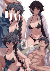 Rule 34 | 1boy, 1girl, abs, ass grab, bar censor, bikini, black bikini, black hair, blush, braid, breasts, censored, cleavage, clothed sex, commentary request, english text, erection, father and daughter, fushiguro megumi, fushiguro touji, genderswap, genderswap (mtf), green eyes, hand on another&#039;s head, hetero, highres, incest, jujutsu kaisen, kissing penis, long hair, male pubic hair, medium breasts, muscular, muscular male, navel, nipples, open mouth, pectorals, penis, precum, pubic hair, reverse cowgirl position, scar, scar on face, scar on mouth, sex, sex from behind, shinoda giri, short hair, shorts, speech bubble, straddling, sweat, swimsuit, trembling, twitter username, veins, veiny penis, very long hair, white background
