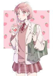 Rule 34 | 1girl, absurdres, bag, blazer, blush, bright pupils, buttoned cuffs, buttons, cardigan, collared shirt, cowboy shot, diagonal-striped clothes, diagonal-striped necktie, drink, drinking, drinking straw, drinking straw in mouth, food-themed background, fruit background, grey bag, highres, holding, holding drink, jacket, lapels, long sleeves, looking to the side, maria komaki, milk carton, mouth hold, necktie, notched lapels, open clothes, open jacket, original, parted bangs, pink background, pink cardigan, pink eyes, pink hair, pink skirt, pink theme, pleated skirt, red necktie, school bag, school uniform, shirt, short hair, skirt, solo, strawberry background, strawberry milk, striped clothes, two-tone background, unbuttoned, unbuttoned jacket, white background, white jacket, white shirt