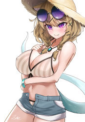 Rule 34 | 1girl, animal ear fluff, animal ears, aqua nails, arknights, bikini, bikini top only, blonde hair, blue shorts, blush, breasts, covered erect nipples, cowboy shot, denim, denim shorts, eyewear on head, fang, hair ornament, hairclip, hand on own chest, highres, huge breasts, jewelry, looking away, midriff, nail polish, navel, necklace, official alternate costume, open fly, purple eyes, short hair, shorts, signature, simple background, skin fang, smile, solo, striped bikini, striped clothes, sunglasses, swimsuit, tail, utage (arknights), utage (summer flowers) (arknights), white background, wristband, x hair ornament, z.m. (zimin)