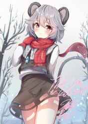 Rule 34 | 1girl, animal ears, ass, black skirt, black vest, blush, closed mouth, cowboy shot, grey hair, hair between eyes, jewelry, long sleeves, mittens, mouse ears, mouse tail, nazrin, niko kusa, pendant, red eyes, red mittens, red scarf, scarf, shirt, short hair, signature, skirt, smile, solo, tail, touhou, vest, white shirt