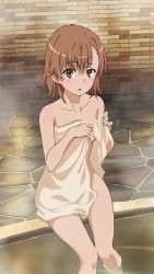 Rule 34 | 1girl, :o, bare hips, bare legs, bare shoulders, bath, bathhouse, blush, breasts, brown eyes, brown hair, censored, collarbone, completely nude, convenient censoring, covering privates, feet out of frame, female focus, highres, indoors, looking at viewer, matching hair/eyes, misaka mikoto, nude, official art, open mouth, short hair, sitting, small breasts, solo, steam, tapestry, toaru kagaku no railgun, toaru majutsu no index, towel, water, wet