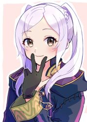 Rule 34 | 1girl, black gloves, black robe, border, brown eyes, closed mouth, commentary request, eyelashes, fire emblem, fire emblem awakening, gloves, gogatsu (yeaholiday), highres, hooded robe, long hair, looking at viewer, nintendo, outside border, parted bangs, pink background, robe, robin (female) (fire emblem), robin (fire emblem), simple background, smile, solo, twintails, upper body, v, white border, white hair