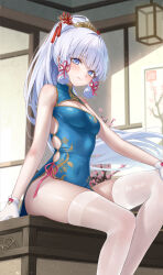 Rule 34 | 1girl, absurdres, ame 816, ayaka (genshin impact), bare shoulders, blue eyes, blue hair, breasts, chinese clothes, cleavage, genshin impact, gloves, highres, looking at viewer, ponytail, sitting, small breasts, smile, solo, thighhighs, white gloves, white hair, white thighhighs