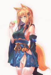 Rule 34 | 1girl, animal ear fluff, animal ears, bare shoulders, bell, black sleeves, blonde hair, blue skirt, blush, breasts, bridal gauntlets, bug, closed mouth, commentary request, cowboy shot, detached sleeves, firefly, flower, fox ears, fox girl, fox tail, green eyes, hair flower, hair ornament, highres, hip vent, insect, japanese clothes, jingle bell, large breasts, long hair, long sleeves, obi, one side up, original, panties, ribbon, sash, sawaya (mizukazu), side-tie panties, sideboob, sidelocks, simple background, skirt, sleeves past wrists, solo, standing, tail, thighhighs, underwear, wet, wet clothes, white background, white panties, white sleeves, white thighhighs, wide sleeves