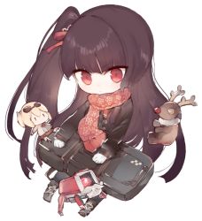 Rule 34 | &gt;:(, 1girl, black hair, black jacket, black pantyhose, boots, character doll, chibi, closed mouth, commentary request, dinergate (girls&#039; frontline), fake beard, fake facial hair, fake mustache, fringe trim, full body, girls&#039; frontline, grey footwear, hair ribbon, jacket, kotatu (akaki01aoki00), light frown, long hair, long sleeves, official alternate costume, one side up, pantyhose, red eyes, red ribbon, red scarf, ribbon, scarf, simple background, sitting, sleeves past wrists, solo, stuffed animal, stuffed reindeer, stuffed toy, v-shaped eyebrows, very long hair, wa2000 (date in the snow) (girls&#039; frontline), wa2000 (girls&#039; frontline), white background