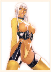 Rule 34 | 1girl, bikini, blue eyes, border, breastless clothes, breasts, breasts apart, corset, cowboy shot, dark-skinned female, dark skin, earrings, female focus, garter straps, highleg, highleg bikini, highres, homare (fool&#039;s art), hoop earrings, jewelry, large breasts, leather, light areolae, lips, long hair, looking at viewer, medium breasts, navel, nipples, o-ring, o-ring bottom, original, outline, panties, parted lips, pink lips, revealing clothes, sidelocks, simple background, solo, spread legs, standing, strap gap, swimsuit, tan, thick thighs, thighhighs, thighs, underboob, underwear, white background, white hair, yellow bikini