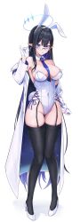 Rule 34 | 1girl, alternate costume, animal ears, black garter belt, black hair, black thighhighs, blue archive, blue eyes, blue necktie, breasts, coat, cross-laced clothes, detached collar, fake animal ears, full body, garter belt, giga-tera, glasses, gloves, groin, halo, highres, large breasts, leotard, long hair, looking at viewer, multicolored hair, necktie, playboy bunny, pointy ears, rabbit ears, rimless eyewear, rin (blue archive), sideboob, solo, strapless, strapless leotard, thighhighs, two-tone hair, very long hair, white coat, white footwear, white gloves, white leotard