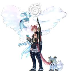 Rule 34 | 1boy, altaria, alternate color, animal ears, arm tattoo, black footwear, boots, bow (weapon), braid, braided ponytail, cat boy, cat ears, cat tail, clenched hand, commentary, creatures (company), crossover, facial mark, final fantasy, final fantasy xiv, from behind, fur-trimmed footwear, fur trim, g&#039;raha tia, game freak, gen 3 pokemon, gen 7 pokemon, green eyes, grin, heterochromia, highres, holding, holding poke ball, jacket, looking at viewer, looking back, low ponytail, male focus, miqo&#039;te, neck tattoo, nintendo, pants, poke ball, pokemon, pokemon (creature), potion lilac, quiver, red eyes, red hair, rockruff, shiny pokemon, short hair, short ponytail, simple background, single braid, smile, solo, standing, swept bangs, tail, tattoo, thigh boots, vambraces, weapon, weapon on back, white background, white pants