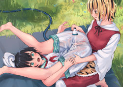 Rule 34 | 2girls, animal print, barefoot, belt, black belt, black bow, black bowtie, black hair, blonde hair, blue flower, blush, bow, bowtie, breasts, brown eyes, clitoral stimulation, commentary request, dress, fingernails, flower, grass, green eyes, hair between eyes, hair ornament, hand up, hands up, hat, hose, legs up, litter, long fingernails, long sleeves, looking at another, lying, medium breasts, multicolored hair, multiple girls, murasa minamitsu, no headwear, on back, open mouth, paid reward available, pants, pink flower, pussy, red dress, red ribbon, ribbon, roke (taikodon), sailor collar, seiza, shadow, shirt, short hair, short sleeves, shorts, sitting, smile, teeth, tiger print, tongue, toramaru shou, touhou, two-tone hair, v-shaped eyebrows, water, white headwear, white pants, white shirt, white shorts, wide sleeves, yuri