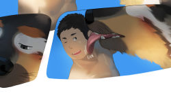 Rule 34 | 2boys, animal ears, bara, black eyes, black fur, black hair, blush, boogbogex, brown eyes, brown fur, close-up, closed eyes, couple, cropped, dog boy, dog ears, english text, furry, furry male, furry with non-furry, giant, giant male, highres, interspecies, leaning forward, male focus, multiple boys, muscular, orange fur, original, shiny skin, short hair, sideburns, size difference, sweatdrop, tongue, tongue out, wet, whiskers, white fur, yaoi
