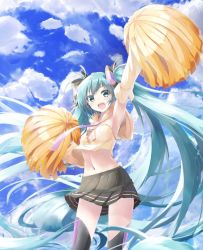 Rule 34 | 1girl, :d, absurdly long hair, aqua eyes, aqua hair, arm up, armpits, blush, cheerleader, cloud, cowboy shot, crop top, daidou (demitasse), day, detached sleeves, hair ribbon, hatsune miku, highres, long hair, looking at viewer, midriff, navel, necktie, open mouth, pink necktie, pleated skirt, pom pom (cheerleading), ribbon, skirt, sky, smile, solo, strapless, sunlight, sweat, teeth, thighhighs, tube top, twintails, very long hair, vocaloid, water drop, wind, wind lift, zettai ryouiki