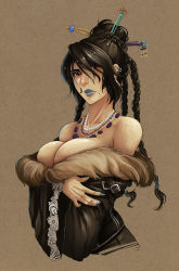 Rule 34 | 00s, 1girl, bad deviantart id, bad id, bankage, black hair, blue lips, blue nails, braid, breast hold, breast lift, breasts, bursting breasts, cleavage, crossed arms, detached sleeves, dress, earrings, eyebrows, female focus, final fantasy, final fantasy x, fur trim, hair ornament, hair over one eye, hair stick, highres, huge breasts, jewelry, large breasts, lipstick, looking at viewer, low neckline, lulu (ff10), makeup, mole, mole under mouth, nail polish, necklace, nose, off-shoulder dress, off shoulder, pearl necklace, red eyes, simple background, solo, upper body, wide sleeves