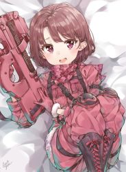 Rule 34 | 1girl, asymmetrical bangs, bad id, bad pixiv id, bandana, blush, boots, brown hair, bullpup, camouflage, commentary, cross-laced footwear, eyelashes, fur-trimmed gloves, fur trim, gloves, gun, highres, holding, holding gun, holding weapon, knee pads, lace-up boots, legs folded, llenn (sao), looking at viewer, lying, no headwear, on back, open mouth, p-chan (p90), p90, pants, parted bangs, personal defense weapon, pink gloves, pink pants, purple eyes, short hair, solo, submachine gun, sword art online, sword art online alternative: gun gale online, takenoko no you, weapon