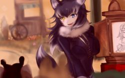 Rule 34 | 10s, 1girl, animal ears, blush, fur collar, grey wolf (kemono friends), heterochromia, kemono friends, long hair, long sleeves, looking at viewer, multicolored hair, necktie, open mouth, smile, solo, tail, un do, wolf ears, wolf tail