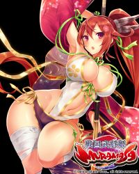 Rule 34 | 1girl, :o, arm up, armpits, bandages, black background, blush, breasts, center opening, cleavage, copyright name, curvy, hair ornament, hairclip, hip focus, inayama, large breasts, long hair, maeda toshinaga (sengoku bushouki muramasa), navel, official art, open mouth, pink eyes, ponytail, red hair, sengoku bushou hime muramasa, sengoku bushouki muramasa, shiny skin, solo, standing, standing on one leg, wide hips