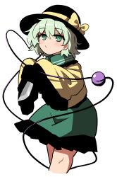 Rule 34 | 1girl, black hat, chups, closed mouth, cropped legs, feet out of frame, green eyes, green hair, green skirt, hat, hat ribbon, heart, heart of string, highres, holding, holding knife, knife, komeiji koishi, looking at viewer, ribbon, shirt, short hair, simple background, skirt, sleeves past fingers, sleeves past wrists, solo, third eye, touhou, white background, yellow ribbon, yellow shirt