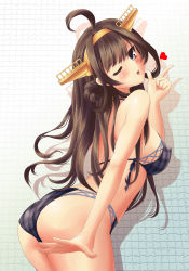 10s 1girl ahoge ahsiu artist_request ass bad_id bad_pixiv_id bikini breasts brown_hair double_bun covered_erect_nipples female_focus hairband heart highres kantai_collection kongou_(kancolle) long_hair one_eye_closed open_mouth purple_eyes solo spoken_heart swimsuit