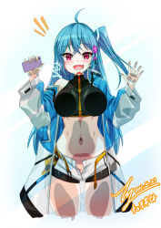 Rule 34 | 1girl, against wall, ahoge, blue hair, blue jacket, blush, crop top, fang, flower, hair flower, hair ornament, highres, holding, holding phone, jacket, lipstick mark, long hair, midriff, multicolored clothes, multicolored jacket, navel, notice lines, open mouth, original, phone, pink eyes, popura, rantia, see-through, short shorts, shorts, signature, simple background, skin fang, solo, two-tone jacket, very long hair, white background, white jacket, white shorts