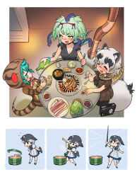 Rule 34 | absurdres, alcohol, bracelet, breasts, chopsticks, cleavage, commentary request, green hair, hat, highres, hood, inugami gyoubu (kemono friends), japanese clothes, jewelry, kemono friends, kimono, narwhal (kemono friends), roonhee, sake, snake, straw hat, table, tsuchinoko (kemono friends), twintails, yamata no orochi (kemono friends), yellow eyes