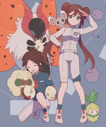 Rule 34 | 1boy, 1girl, 343rone, :d, absurdres, bright pupils, brown hair, closed eyes, collared shirt, commentary request, creatures (company), egg, game freak, gen 5 pokemon, green eyes, grey background, highres, long hair, minccino, nate (pokemon), necktie, nintendo, on shoulder, open mouth, petilil, pokemon, pokemon (creature), pokemon bw2, pokemon egg, pokemon on shoulder, pokemon sv, rosa (pokemon), shirt, shoes, short hair, shorts, smile, socks, twintails, volcarona, whimsicott
