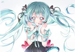 Rule 34 | 1girl, aqua eyes, aqua hair, bad id, bad twitter id, black bow, black skirt, blush, bow, floating hair, frills, hair between eyes, hair bow, hair ribbon, hatsune miku, headset, holding, holding own hair, long hair, looking at viewer, microphone, ribbon, simple background, skirt, sleeveless, smile, solo, tears, twintails, upper body, very long hair, vocaloid, white background, yalmyu