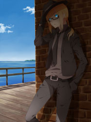 Rule 34 | 1girl, 397 (artist), against wall, androgynous, artoria pendragon (fate), bad id, bad pixiv id, belt, bespectacled, blonde hair, blue eyes, cloud, day, fate/stay night, fate/zero, fate (series), fedora, formal, glasses, gloves, hair up, hand on headwear, hat, necktie, ocean, pietani397, saber (fate), semi-rimless eyewear, shade, sky, solo, suit, under-rim eyewear
