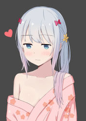 Rule 34 | 10s, 1girl, absurdres, aqua eyes, bare shoulders, black background, blue hair, blush, bow, breasts, closed mouth, embarrassed, eromanga sensei, flower, hair bow, hair flower, hair ornament, heart, highres, izumi sagiri, japanese clothes, kimono, long hair, off shoulder, pink bow, revision, side ponytail, small breasts, solo, upper body, wavy mouth, yunkaiming